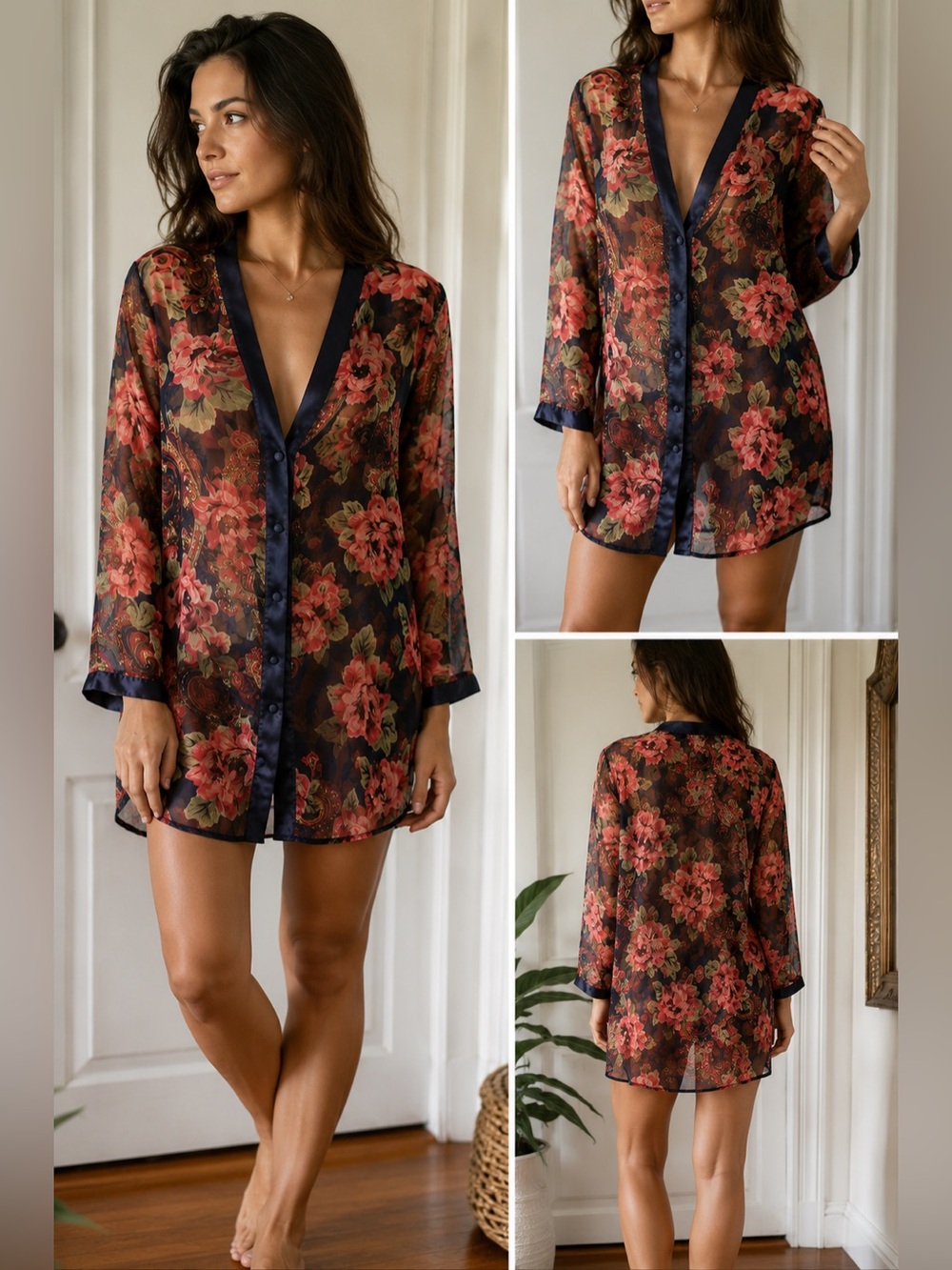 Victoria’s Secret Vintage Gold Label Button Down Floral Semi-Sheer Gown/Robe